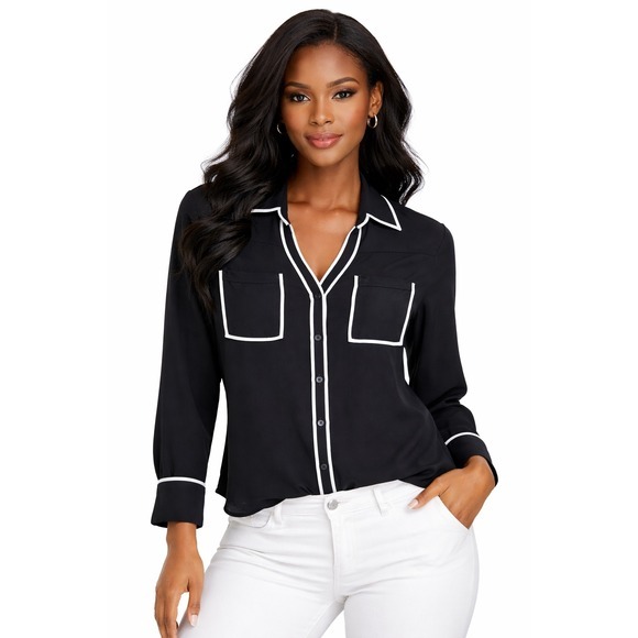 Express Tops - Express The Portofino Shirt Black White Piping Button Up Blouse‎ S Preppy 48-0